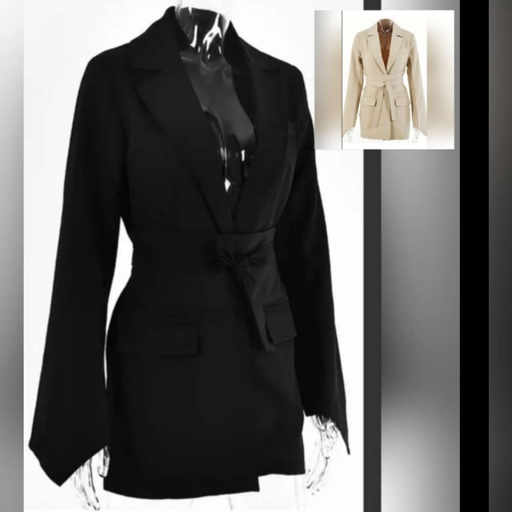 #230 🛑S BLACK V-TIED WAIST BAND TUNIC SUIT BLAZER JAC